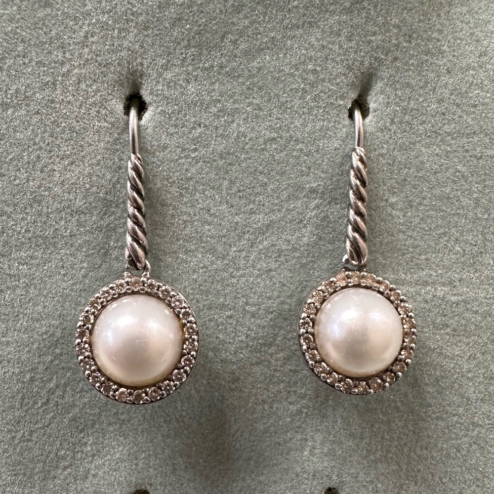 David Yurman .33 Diamond Sterling Silver Pearl Drop Earrings Rare